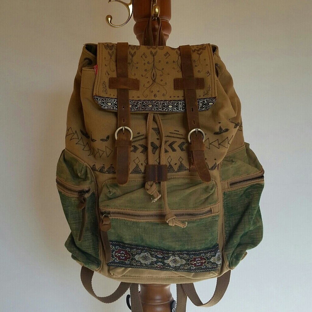 Leather canvas boho geometric backpack ribon